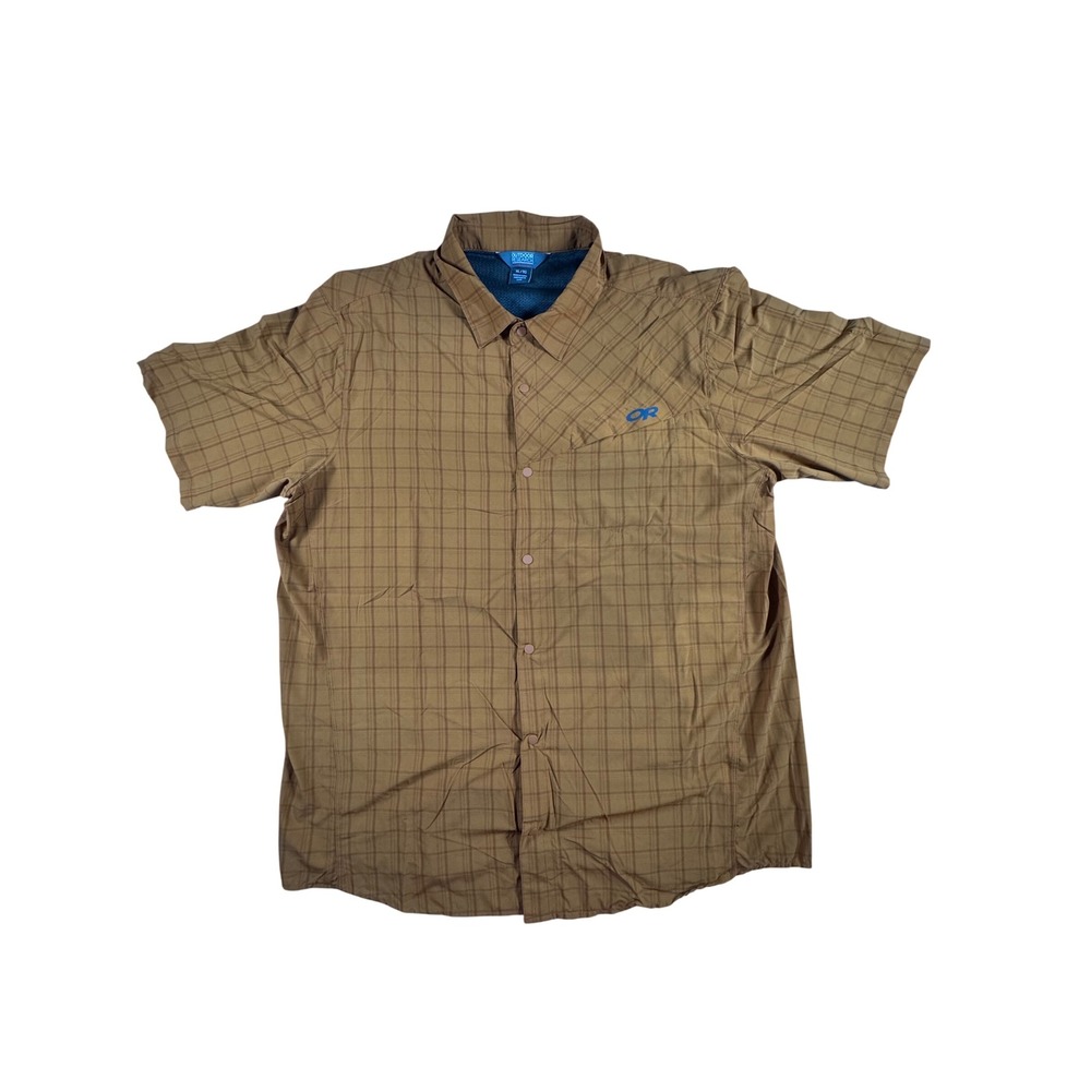 Outdoor Research Astroman Sun Shirt Mens XL 0range Grid Short Sleeve Hiking Snap